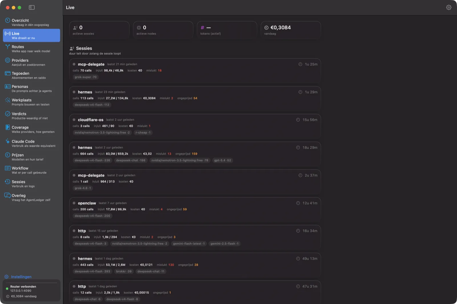 Live-scherm met actieve sessies per app, tokens in en uit, kosten, mislukte calls en de gebruikte modellen