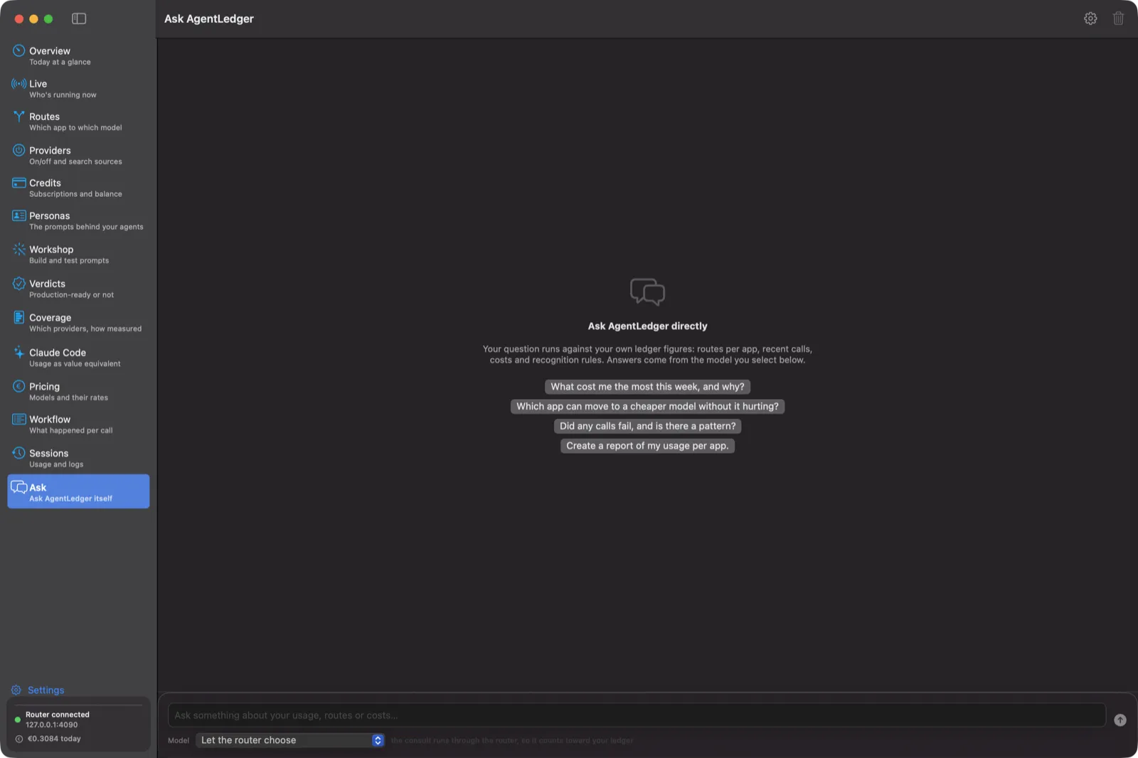 Chat screen where you can ask questions about your own usage, routes and costs