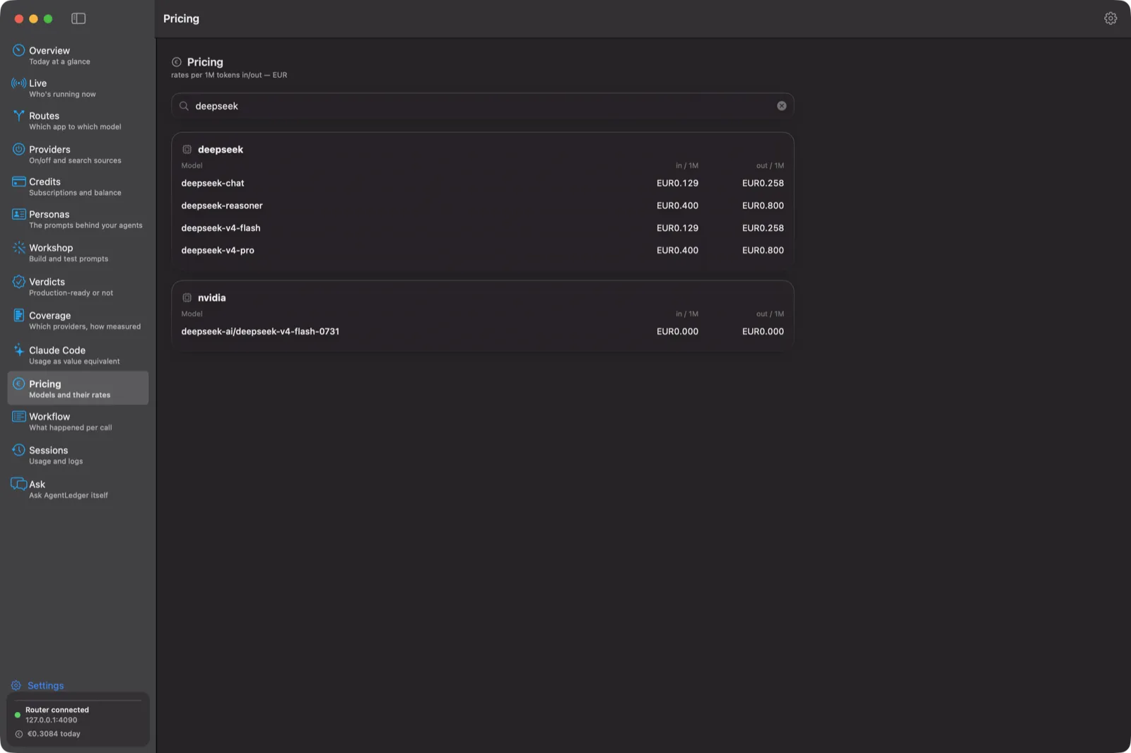 Pricing screen filtered on deepseek, showing paid rates and one endpoint at EUR 0.000