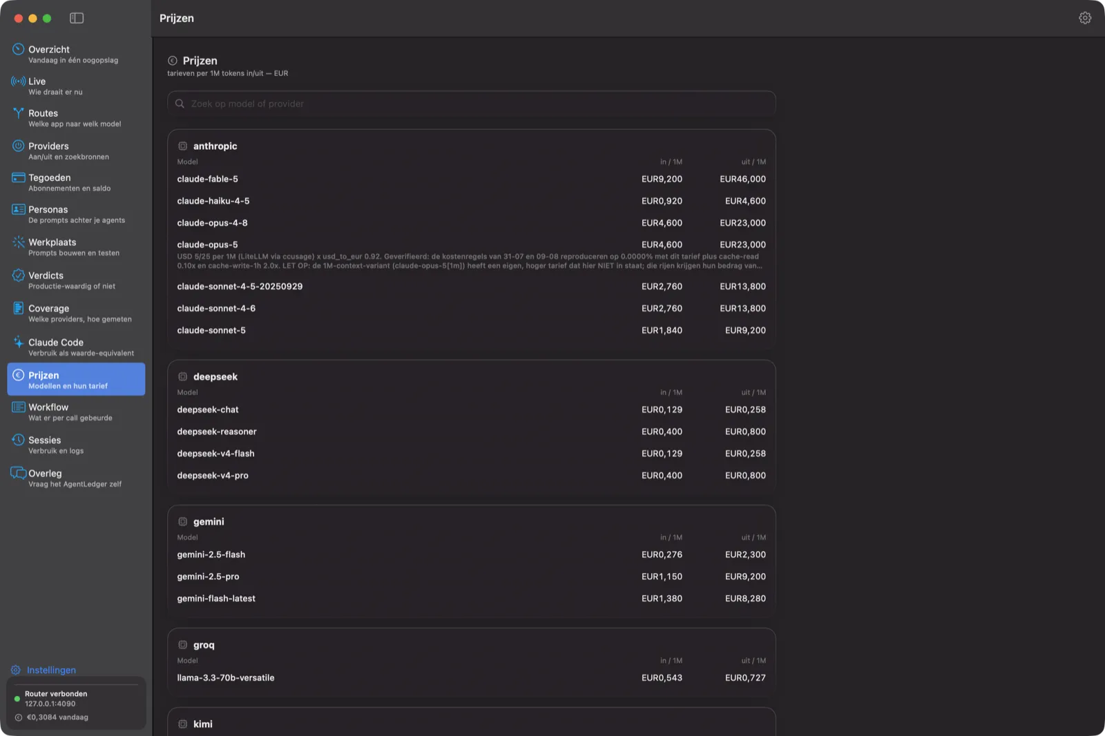 Prijzen-scherm met tarieven per 1M tokens in en uit, per provider en model, met een toelichting op de herkomst