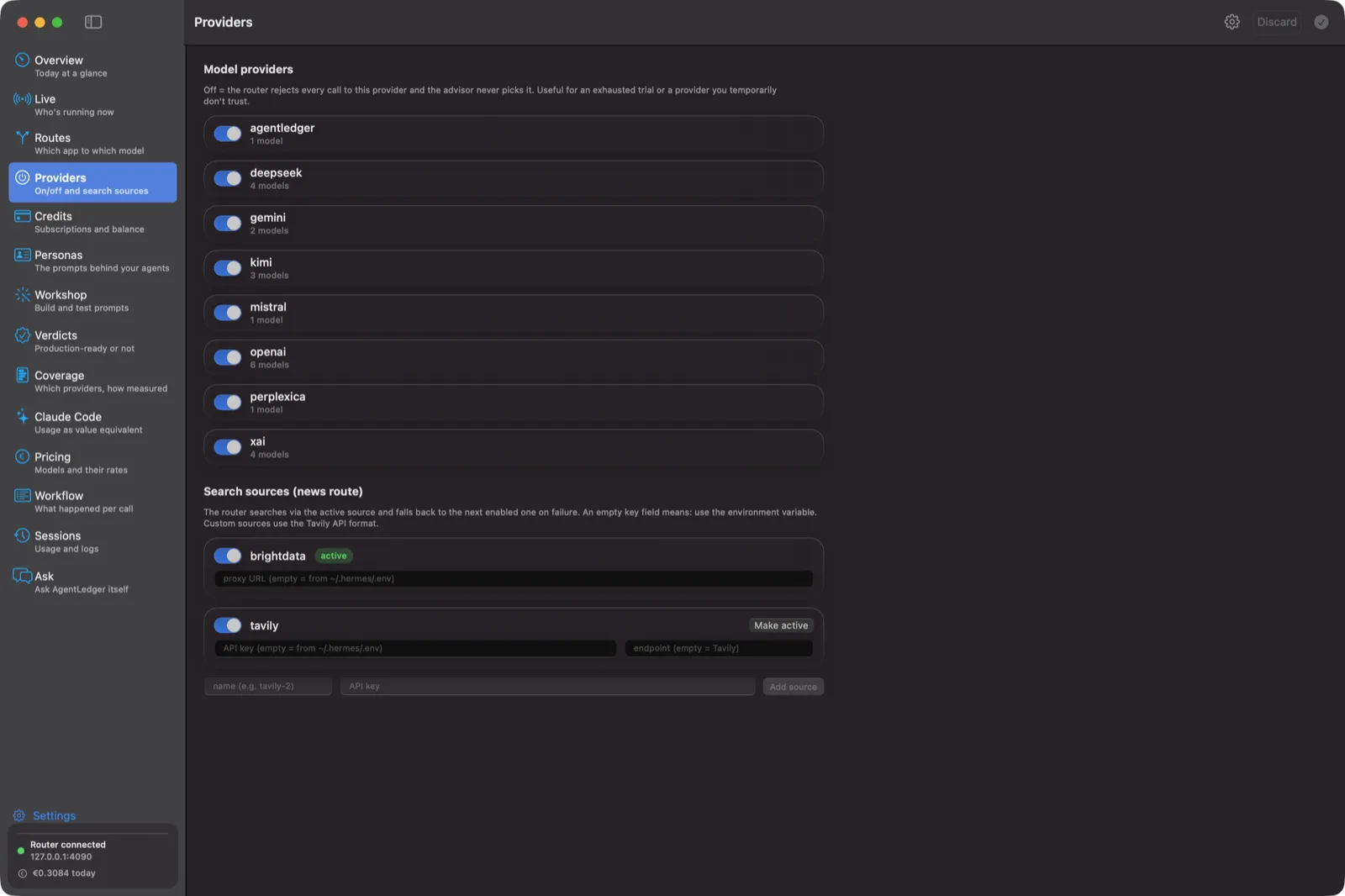 Providers screen with a toggle per provider and the search sources for the news route