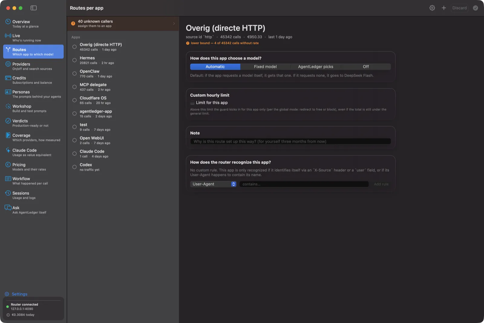 Routes per app, with the apps listed and settings for automatic, fixed model, AgentLedger picks or off