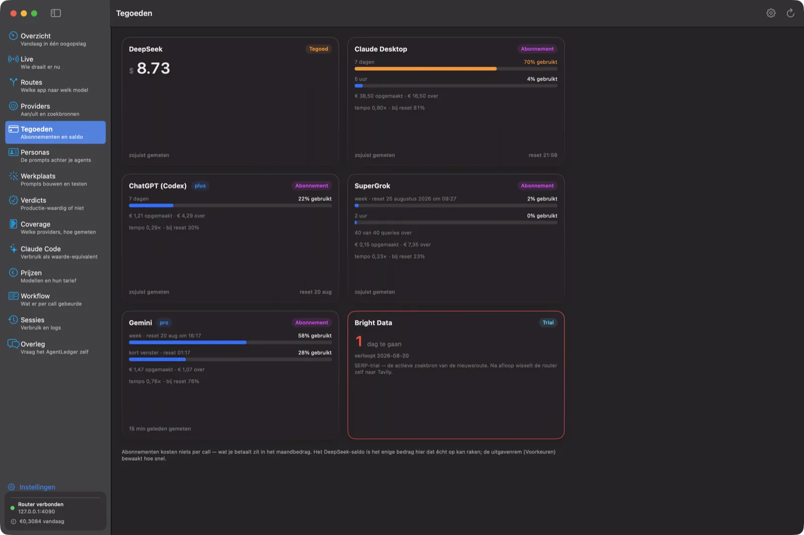 Tegoeden-scherm met DeepSeek-saldo, Claude Desktop, ChatGPT, SuperGrok, Gemini en een aflopende trial