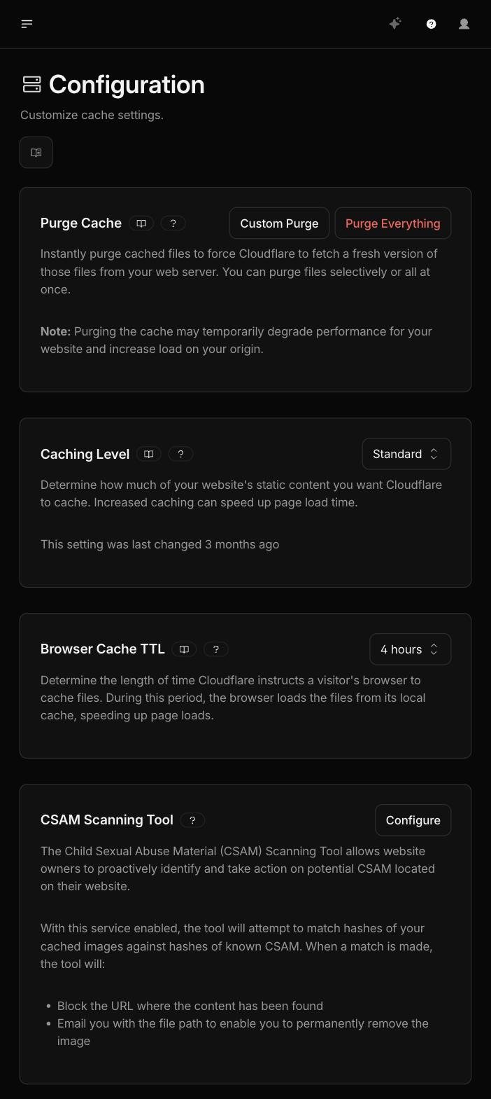 Cache-instellingen met niveau, browser-TTL en purge