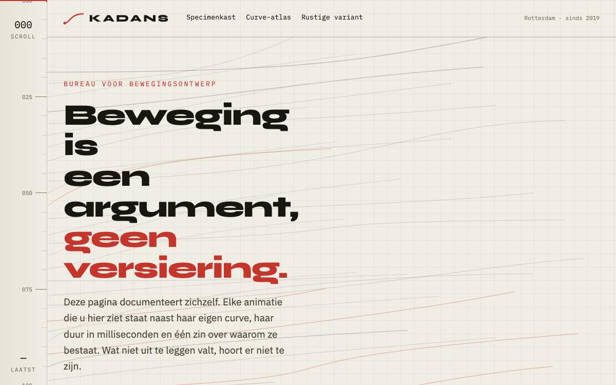 KADANS — motion-specimen met curve en duur naast elke animatie