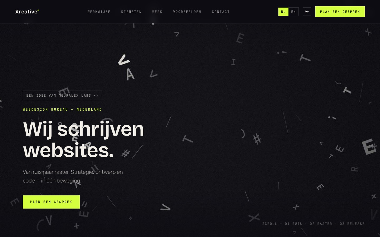 Xreative — hero “Wij schrijven websites” met typografische ruis